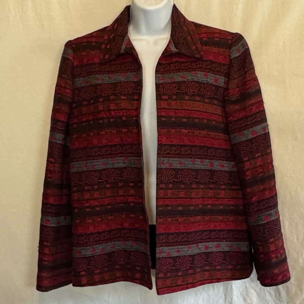 B-24 Alfred Dunner Red Gray & Black Long Sleeve Lined Open Blazer Size 10